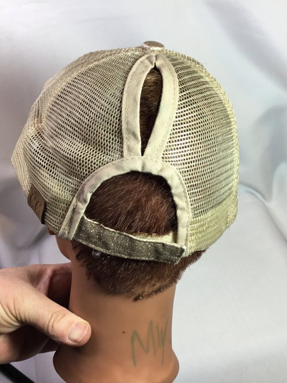 Upcycled LV Patch Distressed Trucker Hat CC Ponytail Cap Bling Gold Sparkle Mesh - Picture 4 of 13
